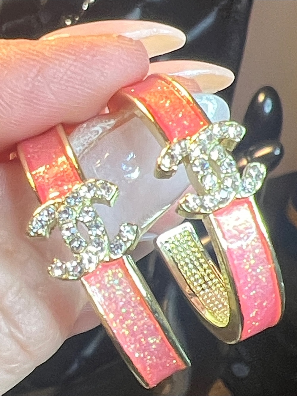 Gold-Tone Hoop Earrings with Pink Enamel and Crystal Logo Accent